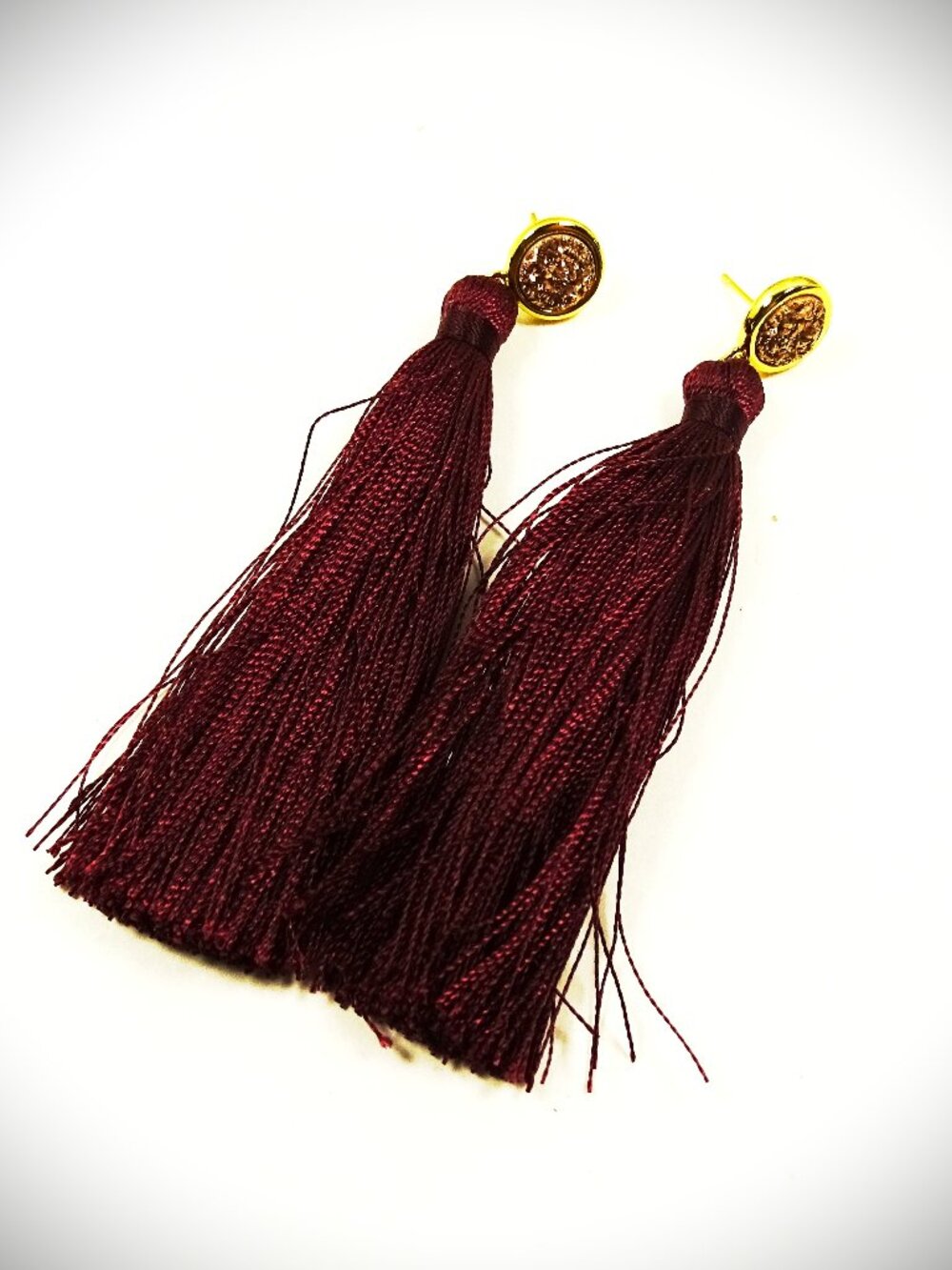 GORJANA Gold Plated Agate Druzy & Burgundy Color Silk Tassel Dangle Earrings